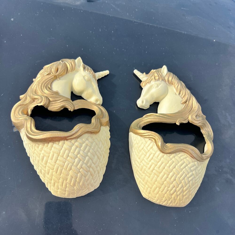 1987 Burwood Unicorn Wall Pocket Pair 2819-1 & 2819-2 Ivory Gold USA Regency
